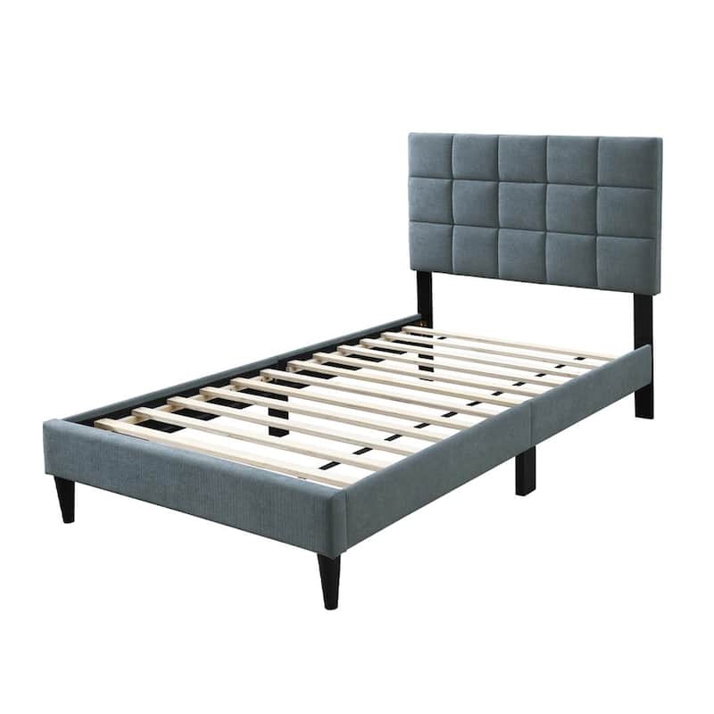 Lilian Twin Bed, Tufted Gray Linen Upholstery, Biscuit Tufted Stitch