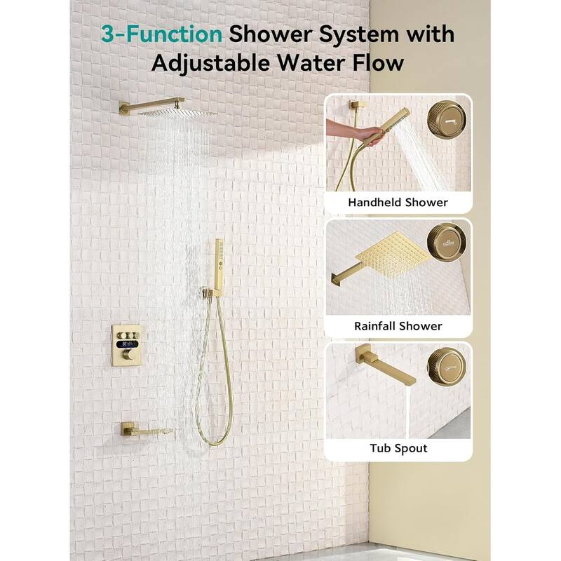 Lefton Shower System in Fahrenheit Display, 10” Overhead Shower Head with Handheld Spray Showerhead and Bathtub Faucet, SSWM2502