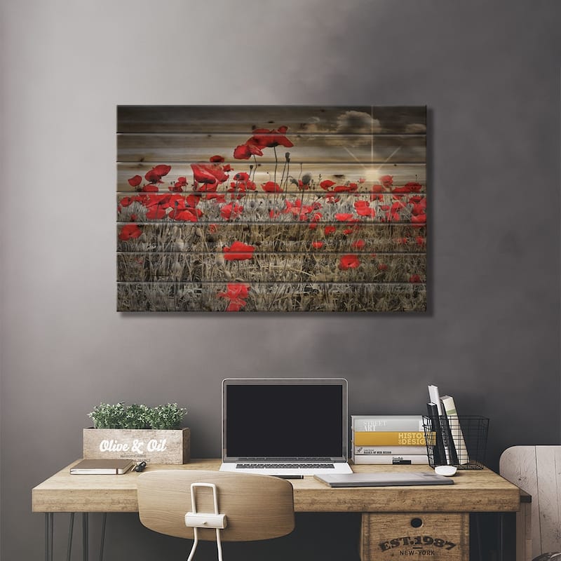 Idyllic Field Of Poppies With Sun Print On Wood by Melanie Viola - Multi-Color