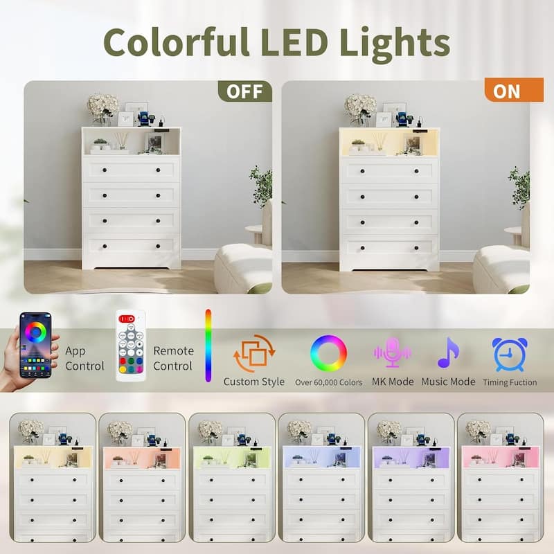 4 Drawer Dresser for Bedroom with Charging Station & LED Lights