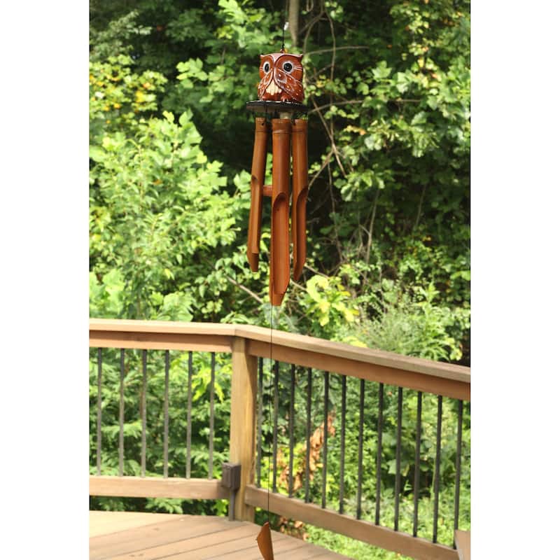 Handmade Wooden Speak No Evil Owl Bamboo Wind Chime Wood Statue Figurine Hoot Sculpture Art Rustic Patio Garden Outdoor Decor