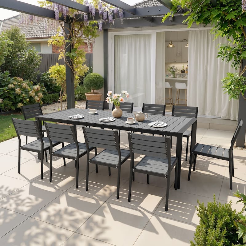 7/9/11-Piece Outdoor Patio Dining Set Aluminum Dining Table with Umbrella Hole and Stackable Dining Chairs - Grey - Set of 11