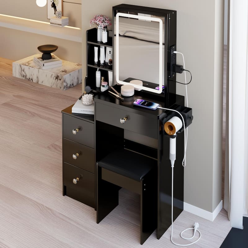 29.2"Left Bedside Cabinet Vanity Table +Cushioned Stool,2 AC+2 USB Power Station,Hair dryer bracket,Extra Large Sliding Mirror