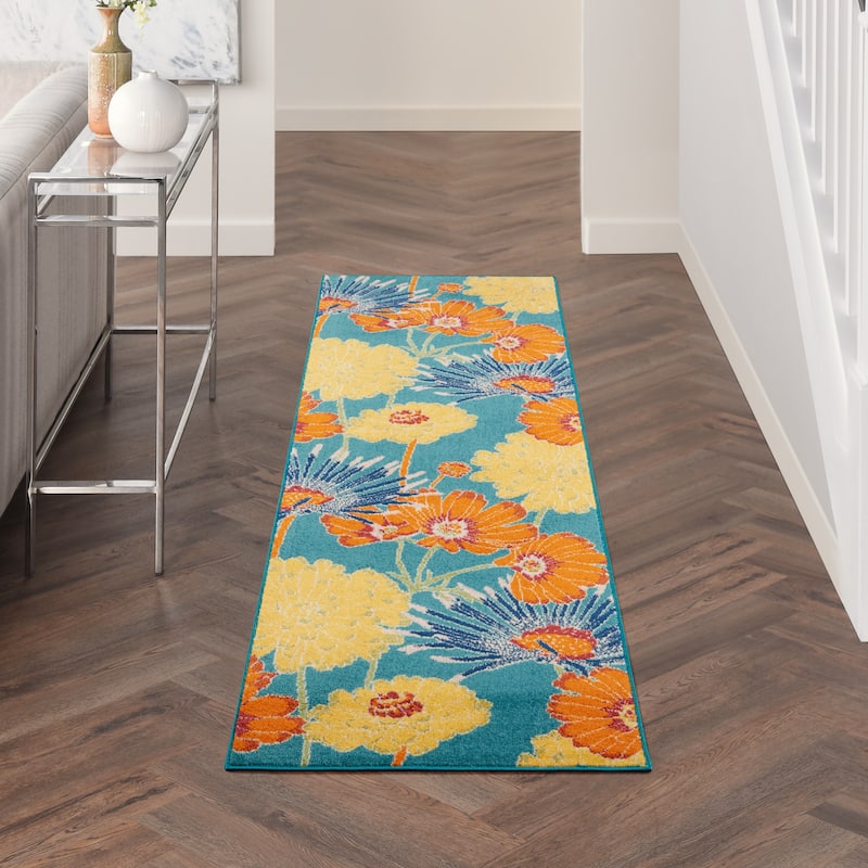 Nourison Allur Botanical Floral Area Rug - 2'3" x 7'6" Runner - Turquoise Multicolor - Rectangle