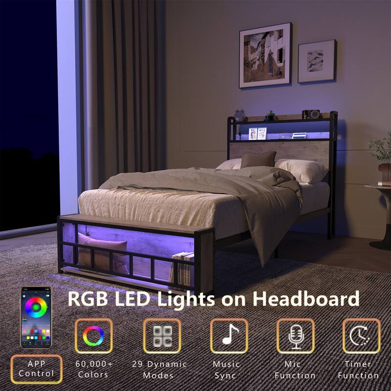Twin Size LED Platform Bed with Headboard and Charging Station