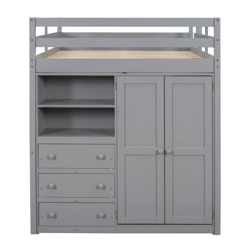 Full Size Solid Wood Loft Bed with Built-in Wardrobe, Desk, Storage Shelves and Drawers