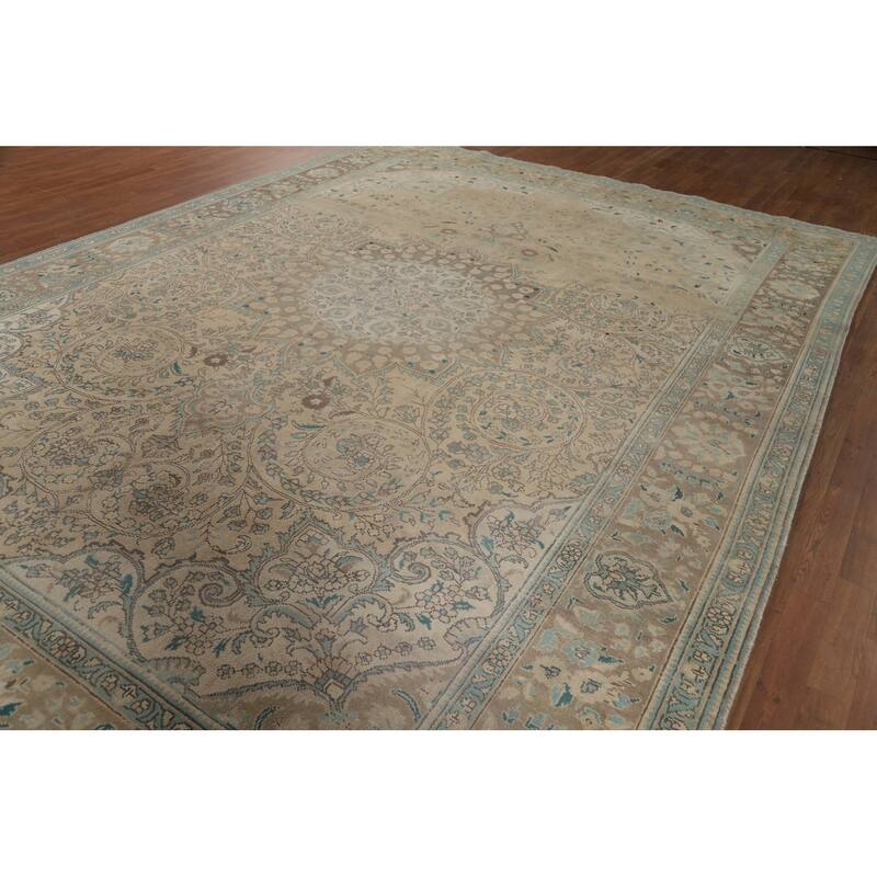 Distressed Tabriz Vintage Persian Rug Hand-Knotted Peach Wool Carpet - 9'11" x 13'3"