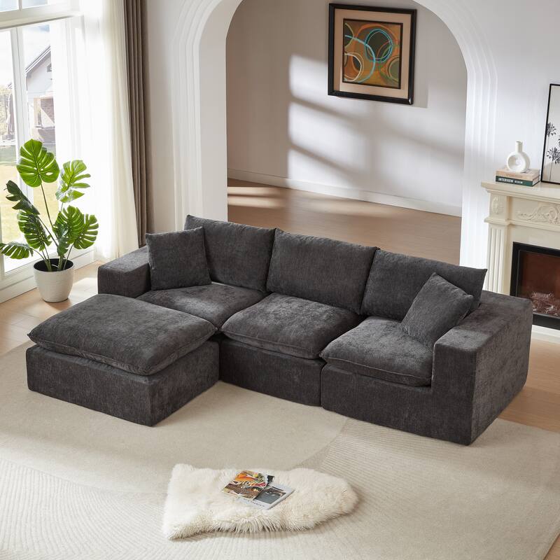 L Shaped Sectional Sofa with Ottoman, Oversized Chenille Upholstered Cloud Sofa, High-Density Sponge 4 Seater Sofa