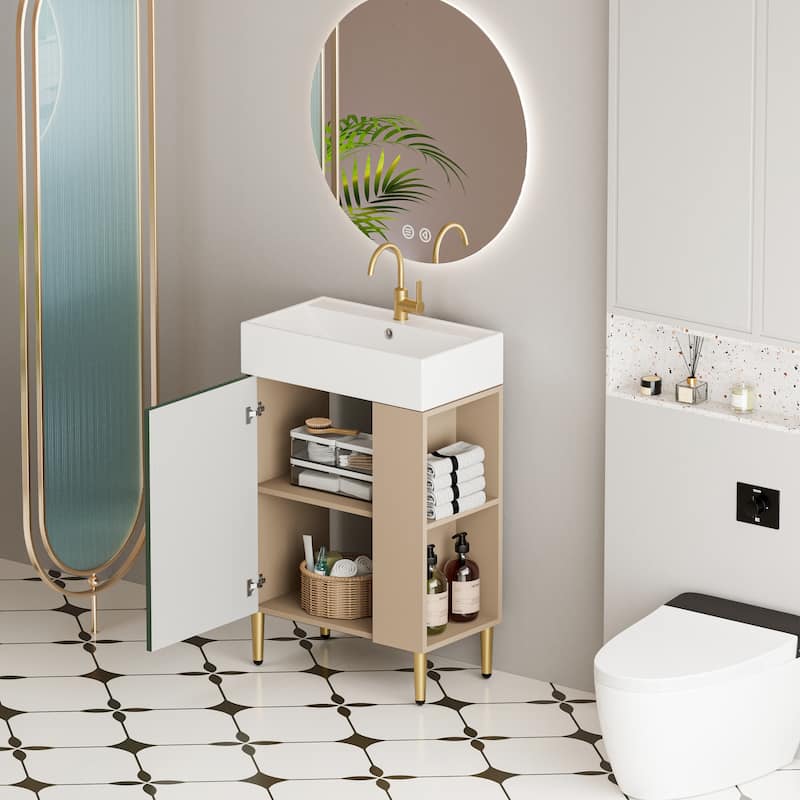 Open-shelving Bathroom Vanity with Ceramic Sink and Soft-Closing Door, Cloakroom Open Shelf Storage Cabinet on the Left Side