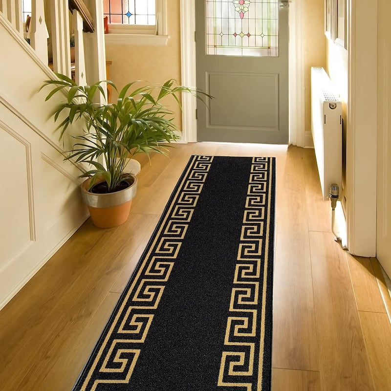 Custom Size Greek Key Black 26 Inch Wide Non-Slip Stair Runner Rug