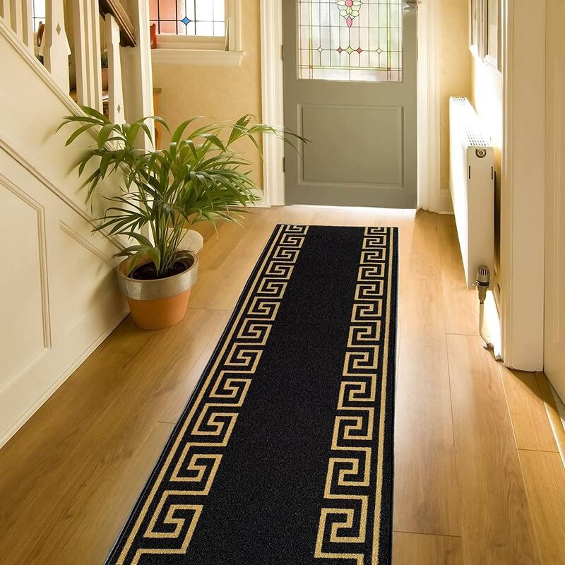 Custom Size Greek Key Black 31 Inch Wide Non-Slip Stair Runner Rug