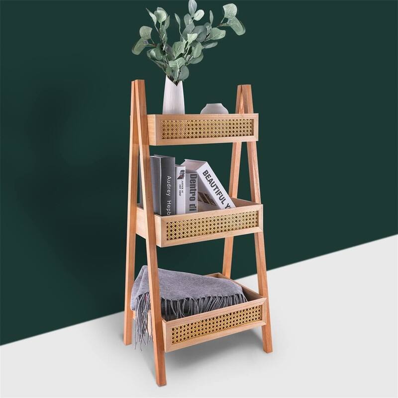 3-Tier Rattan Bookshelf Free Standing Bookcase - 12.2"D x 38"W x 15.16"H - Rattan - 12.2"D x 38"W x 15.16"H