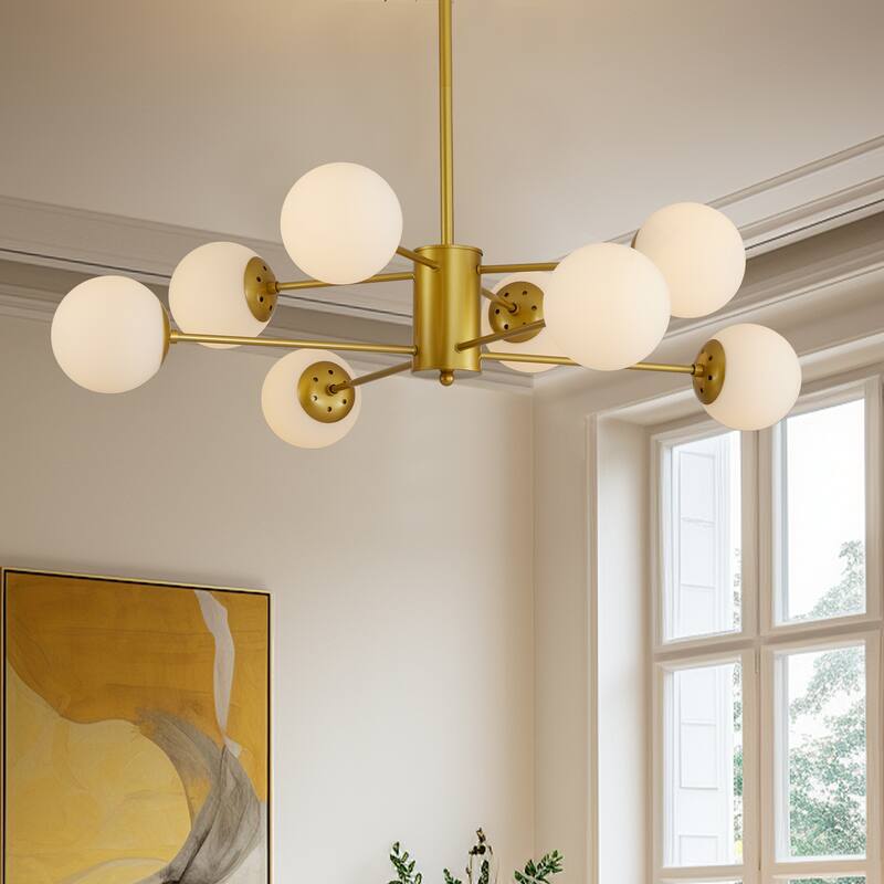 Elegant 8-Light Gold Chandelier with Frosted Glass Globes, Mid-Century Modern Ceiling Light Fixture for Living Room