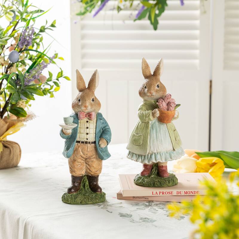 Glitzhome Easter Resin Bunny Boy Girl Table Decor with Flower Rabbit Figurine Ornaments - 9.75"H Couple