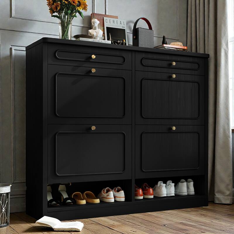 Wooden Shoe Cabinet with 4 Flip Drawers and 2 Storage Drawers, Farmhouse Shoe Storage Cabinet for Entryway Hallway