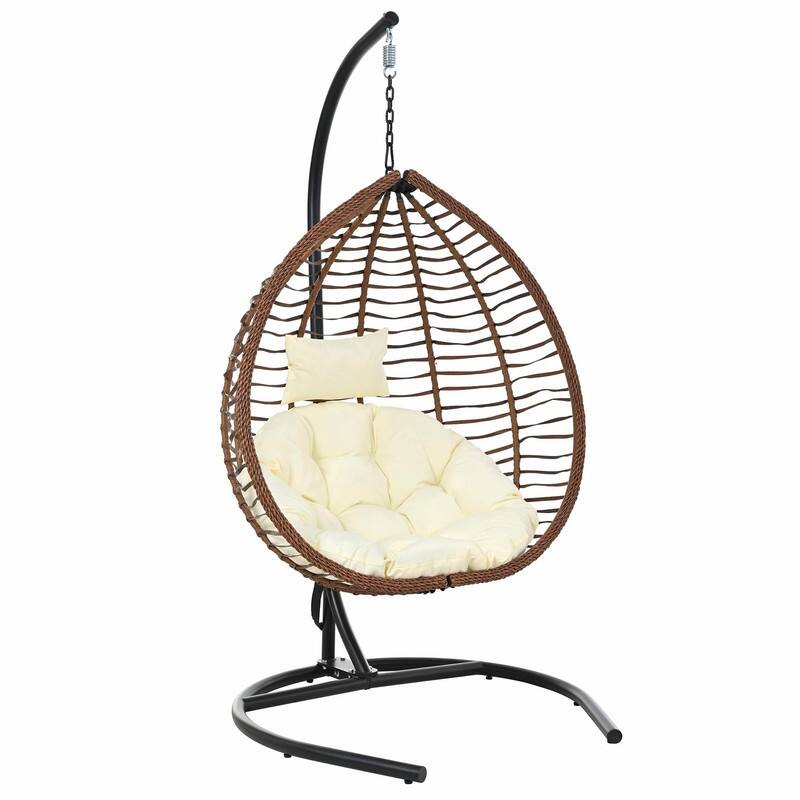 Indoor Outdoor Hanging Hammock Chair with Stand, Foldable Rattan Egg Swing Chair with Cushion & Headrest