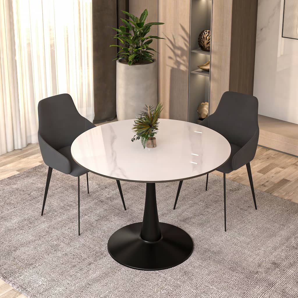 Bristol 40" Modern Minimalist Round Sintered Stone Tabletop Dining Table with Black Steel Base for Kitchen or Dining Room