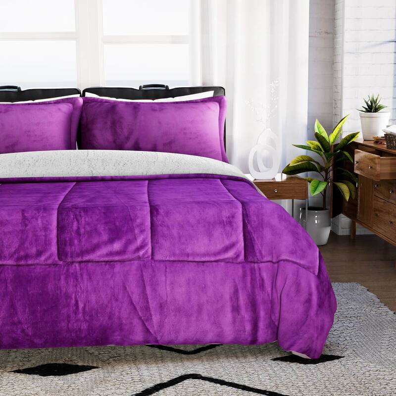 HOMESMART Set of 2 Purple 3 Layer Quilted Microfiber Flannel Sherpa