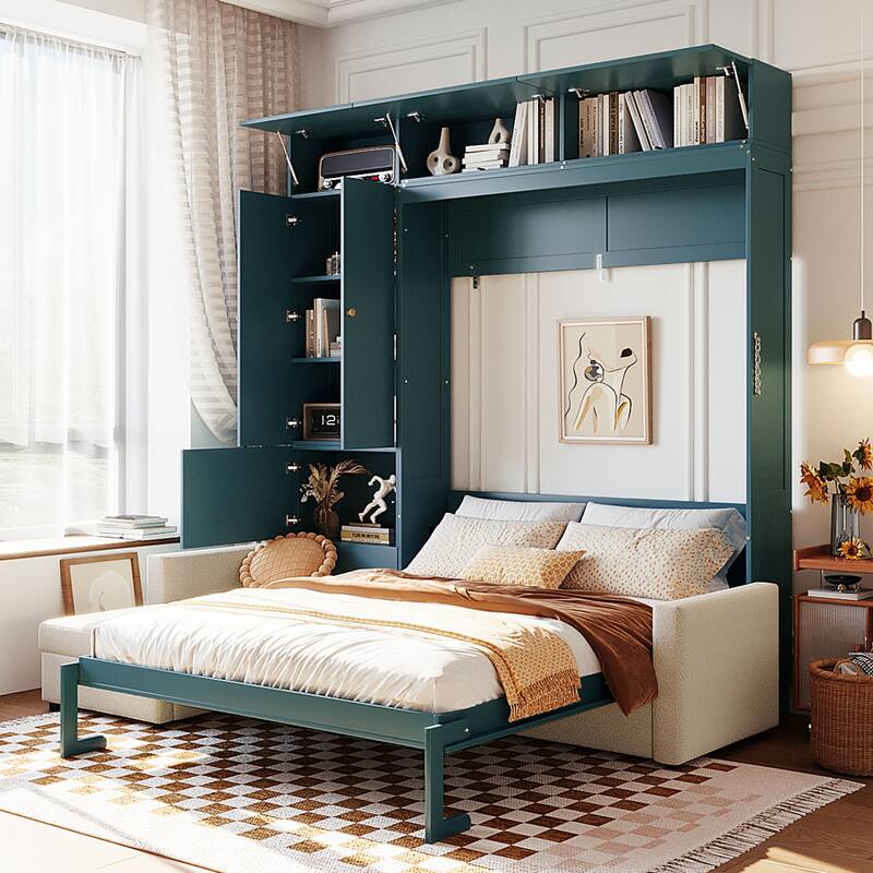 Roomfitters Queen Size Murphy Bed with Sofa and Shelves, Foldable Wall Bed with Storage Cabinet