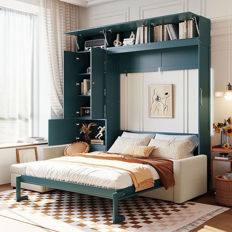 Versatile Queen Size Murphy Bed Wooden Folding Bed Frame integrated with L-shaped Chaise Sectional Sofa and Storage Cabinets
