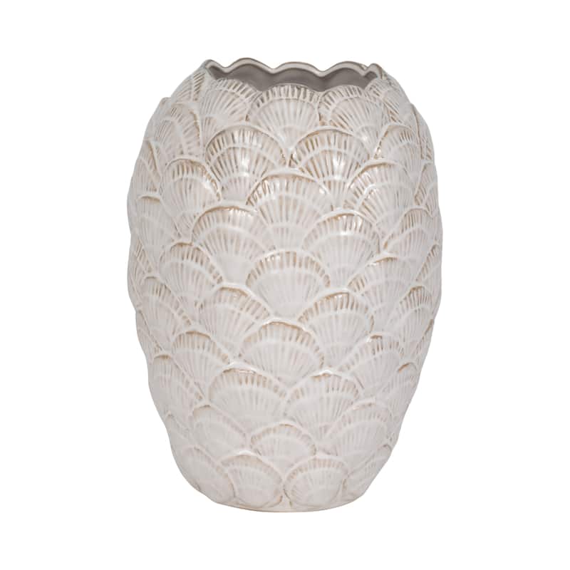 Sagebrook Home's Elegant 13-inch Seashells Ceramic Vase in Chic White - Seashell Pattern White - 10" x 10" x 13"