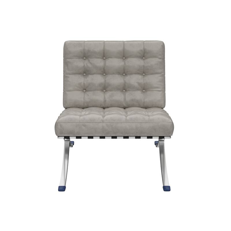HomeRoots 30" Gray and Silver Tufted Faux Leather and Stainless Steel Folding Lounge Chair - 30.00 in. x 30.00 in. x 31.00 in.