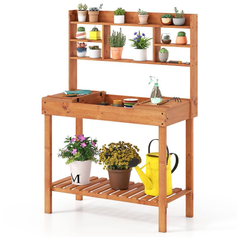 Fir Wood Outdoor Potting Bench Table with Flip Top Hidden Storage and Shelves Brown and Natural Garden Workstation