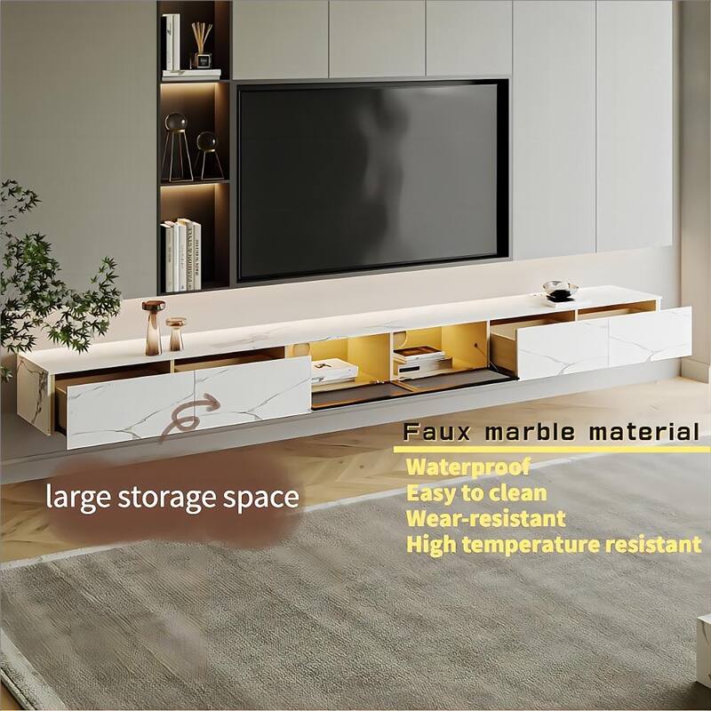 Floating Wall Hung TV Stand, Modern Hanging TV cabinet with Motion Sensor LED, 4 Flip-down Doors, White Stone