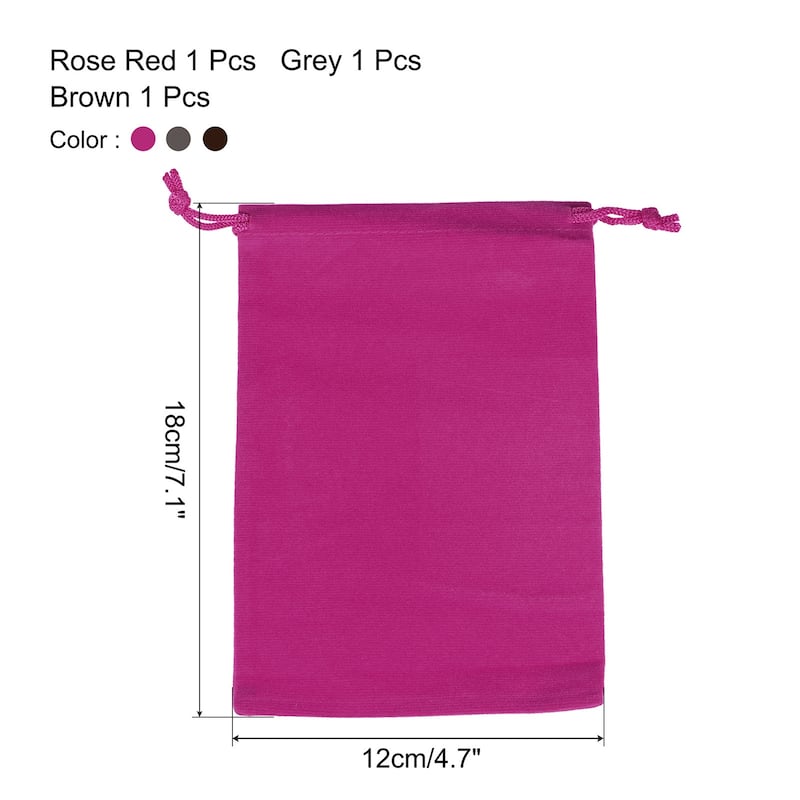 Drawstring Gift Bags 3Pcs Soft Flannel Cloth Storage Pouch for Jewelry - Brown, Grey, Rose Red - 18x12cm