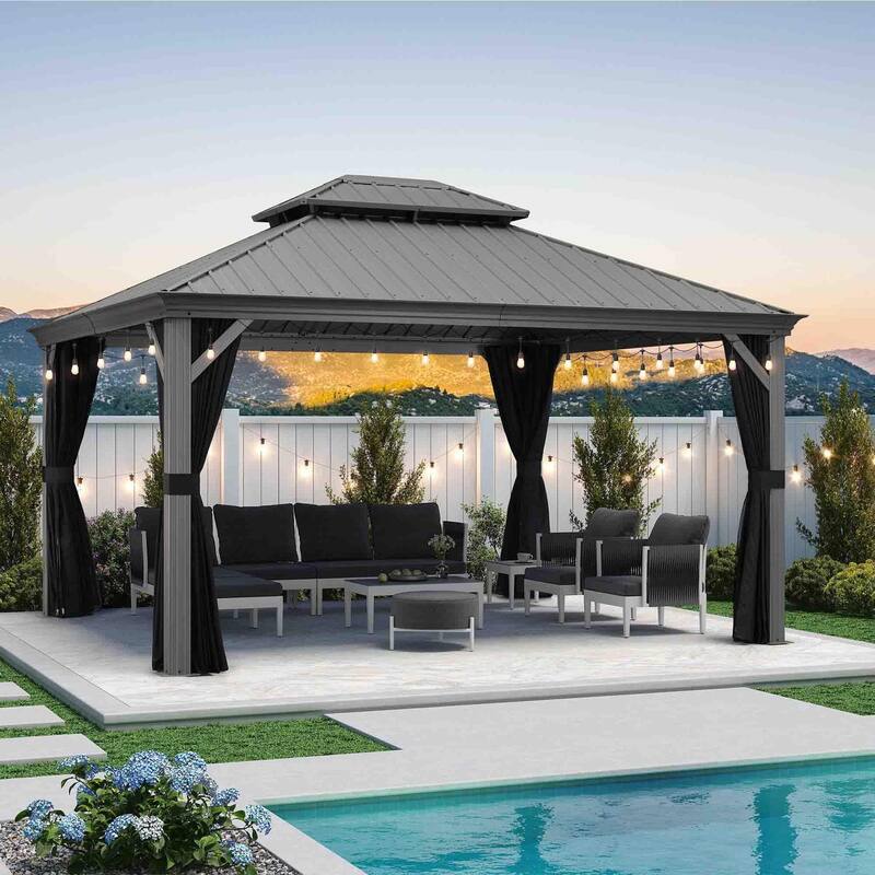 PURPLE LEAF Outdoor Gazebo Aluminum Frame Galvanized Steel Hardtop Gazebo with Bulbs