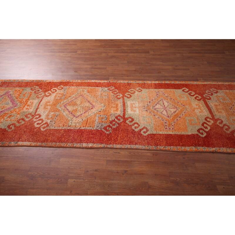Orange Oushak Turkish Vintage Runner Rug Handmade Wool Carpet - 3'1"x 10'11"