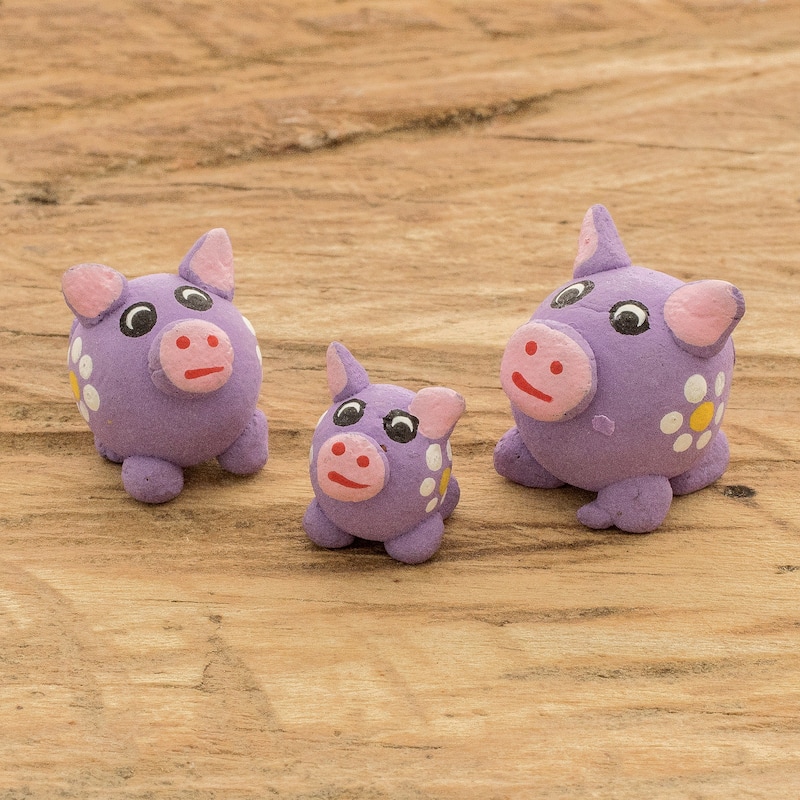 Novica Handmade Purple Pig Family Ceramic Figurines (Set Of 3)