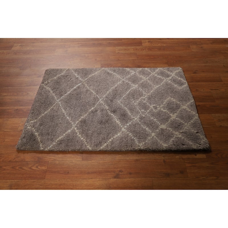 Brown Moroccan Oriental Foyer Rug Handmade Wool Carpet - 2'0"x 3'0"