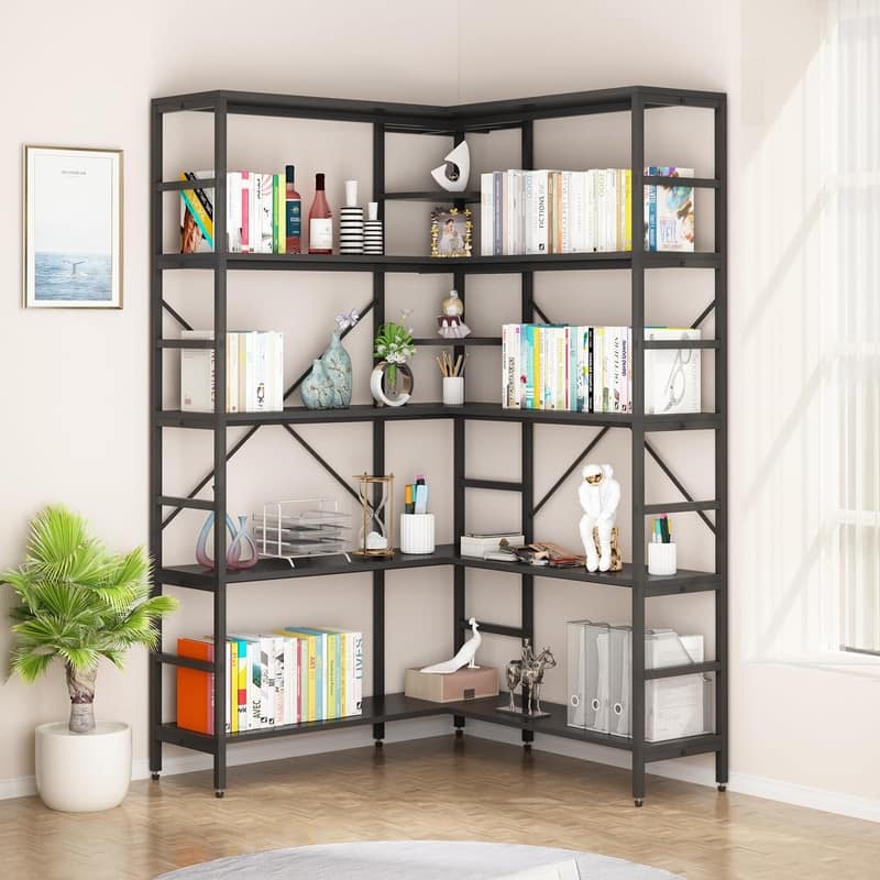4-Tier L Shaped Industrial Bookshelf Corner Bookcase with Open Shelves and Curved Panels