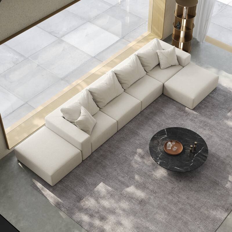 Floor Upholstered Sectional Sofa Modular L Shaped Couch Set with 6 Pillows and Ottomans, Living Room Sleeper Sofa Bed