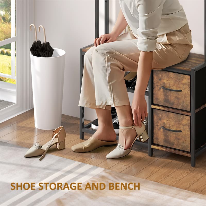 5-in-1 Hall Tree with Bench Coat Hooks and Storage Drawers for Entryway Hallway or Mudroom - 31.5" W x 11.8" D x 70.9" H