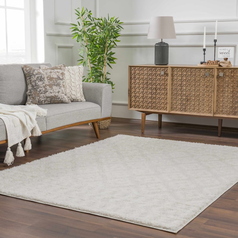 Tilos Moroccan Trellis Farmhouse Shag Area Rug - 6'7" x 9' - Cream, Grey / Eivin