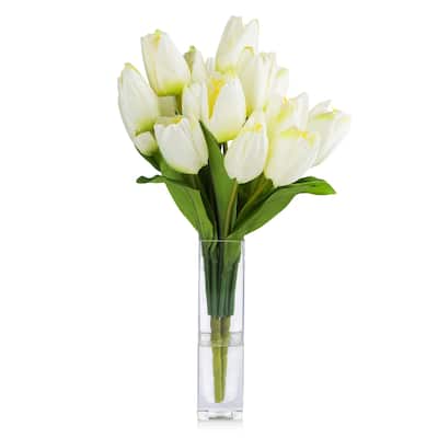 Enova Home 18 Heads Artificial Silk Tulips Faux Flowers Arrangement in Glass Vase with Acrylic Water for Home Office Decoration
