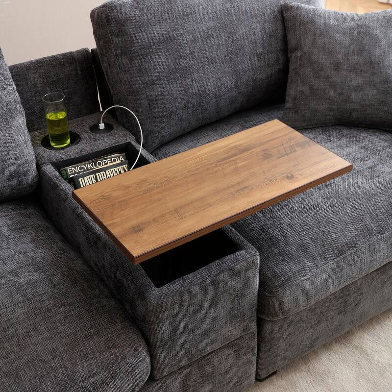 L-Shaped Oversized Couch,Drop Down Table,360-degree Swivel tray,Cup Holders,USB Charger,Storage Ottoman and Armrest