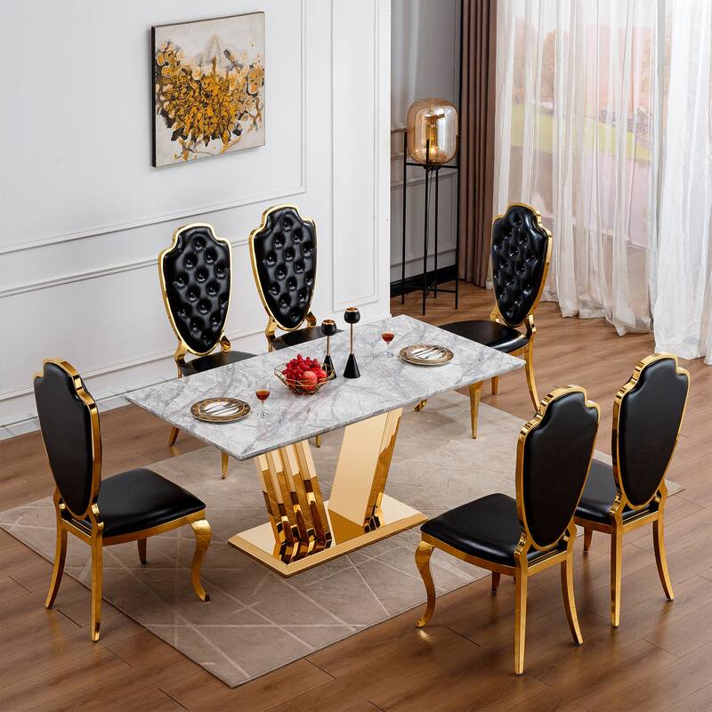 70'' Rectangle Faux Marble Dining Table with Mirrored Finish Stainless Steel Base - Grey+Gold