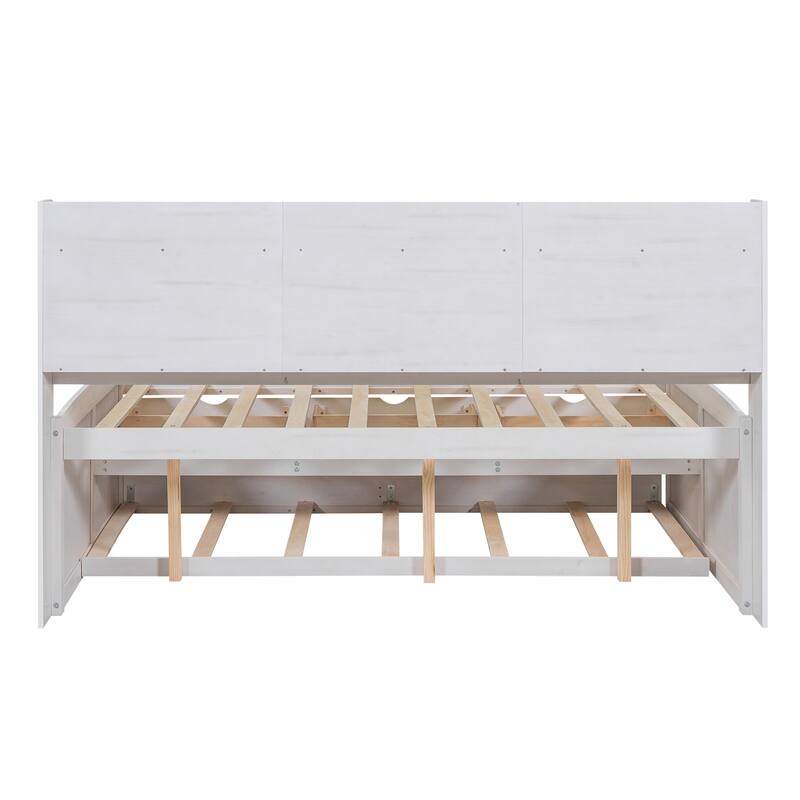 Full Size Wooden Bed with Bookcase Headboard, Three Storage Drawers, and Trundle for Space-Saving Design