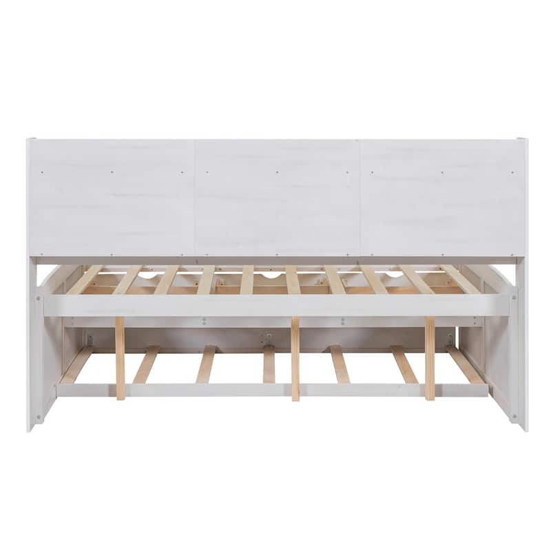 Full Size Wooden Captain Bed with Built-in Bookshelves, Storage Drawers, and Trundle in White Wash