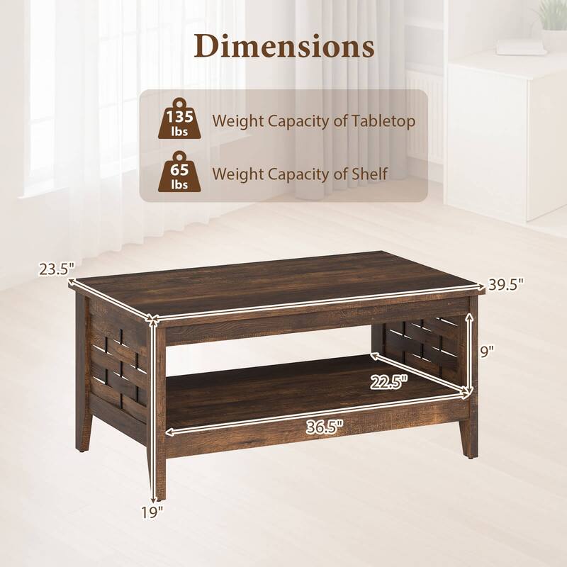 Costway 39.5” 2-Tier Coffee Table with Open Shelf Woven Decorations - See Details