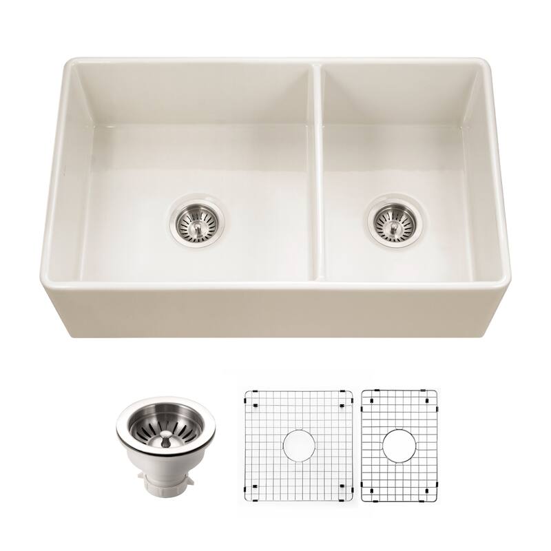 Houzer PTD-6040-C Platus 33" Farmhouse Double Basin Fireclay Kitchen - Biscuit