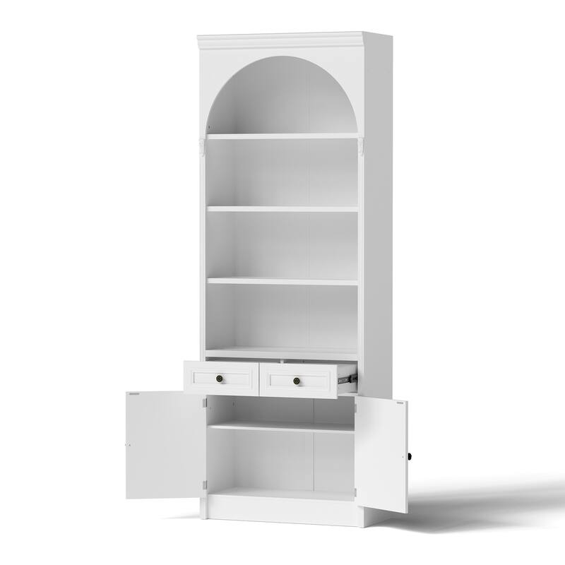 Modular White Bookcase with LED Lights & Glass Doors, 86.6" Tall Arched Display Cabinet Solid WoodStorage Cabinet