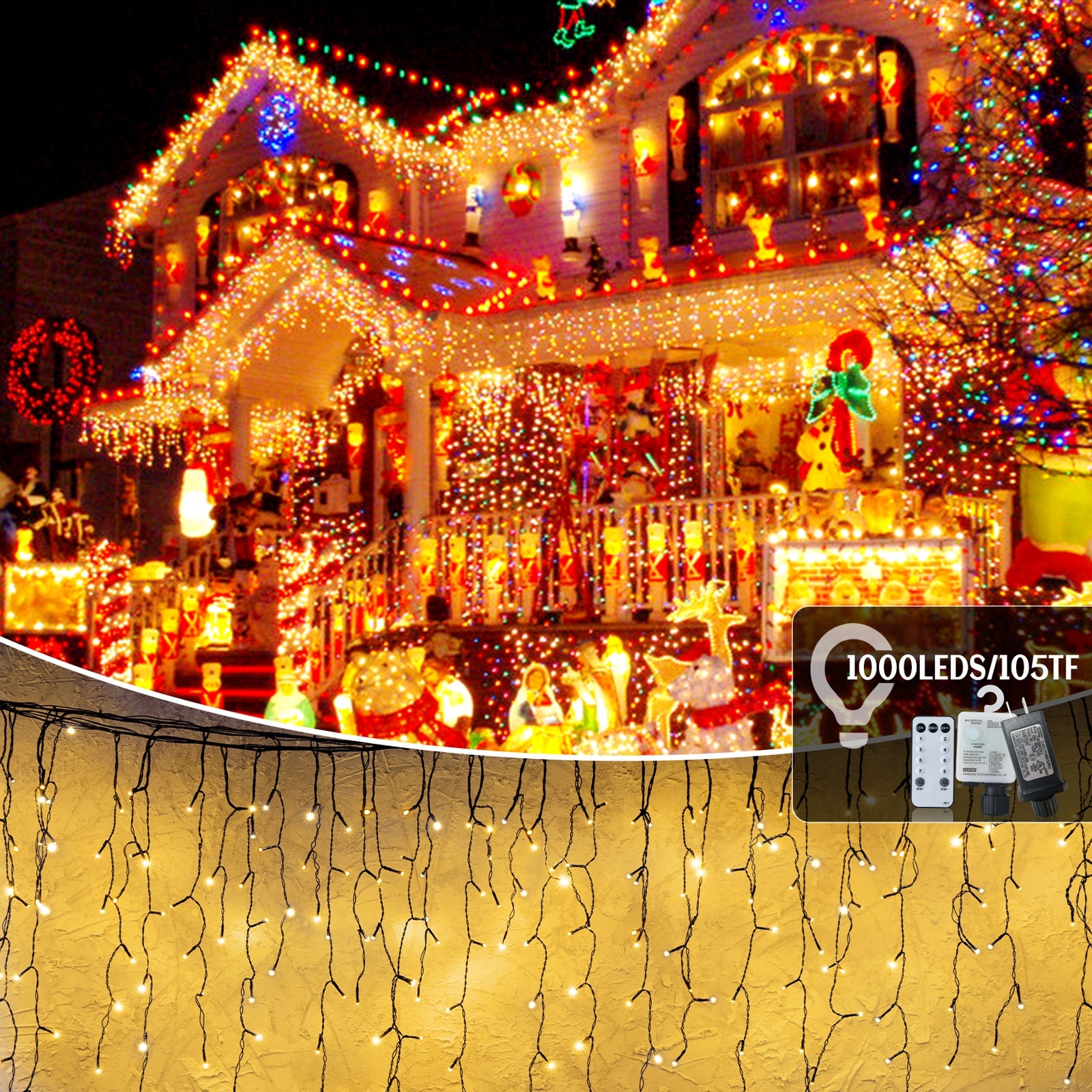 1000 LED Christmas Lights Outdoor, 105ft Waterproof Curtain Fairy Lights with 8 Modes & Timer - 105ft.