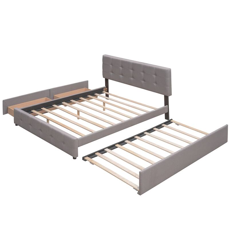 Queen Size Upholstered Platform Bed with 2 Drawers and Twin XL Trundle, Linen Fabric, Light Gray