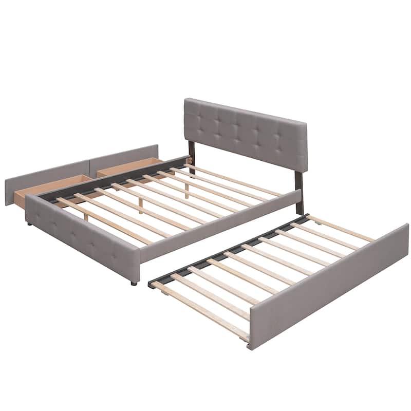 Upholstered Platform Bed with 2 Drawers and 1 Twin XL Trundle, Linen Fabric, Queen Size