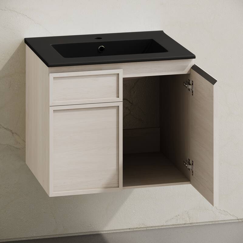 St. Tropez 24" Wall-Mounted Bathroom Vanity In White Oak With Black Sink Top - 24