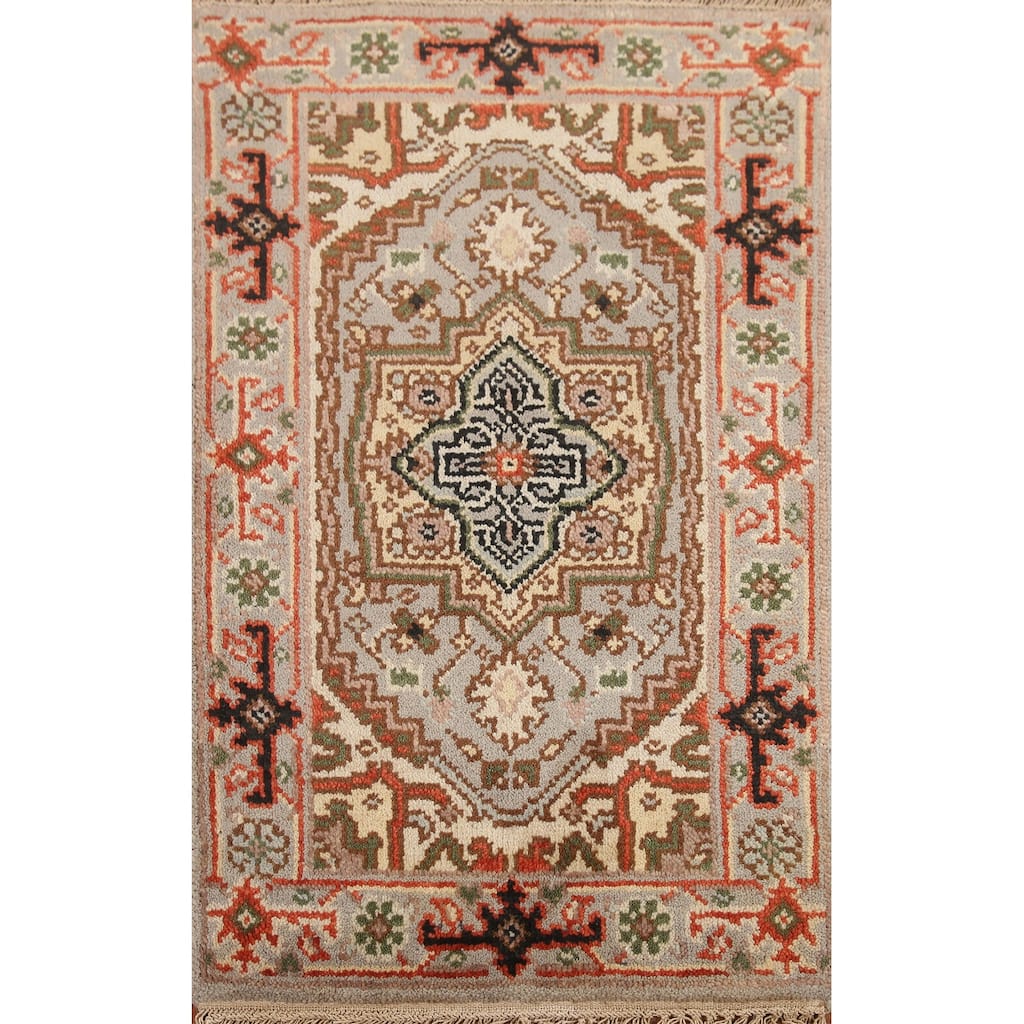 Hand Knotted Oriental 100% Wool Carpet Traditional Medallion Greys & Charcoal Heriz (serapi) Area Rug - 3' 0'' X 2' 0''